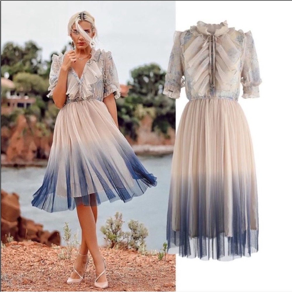 Chicwish Blue and Cream Midi Dress